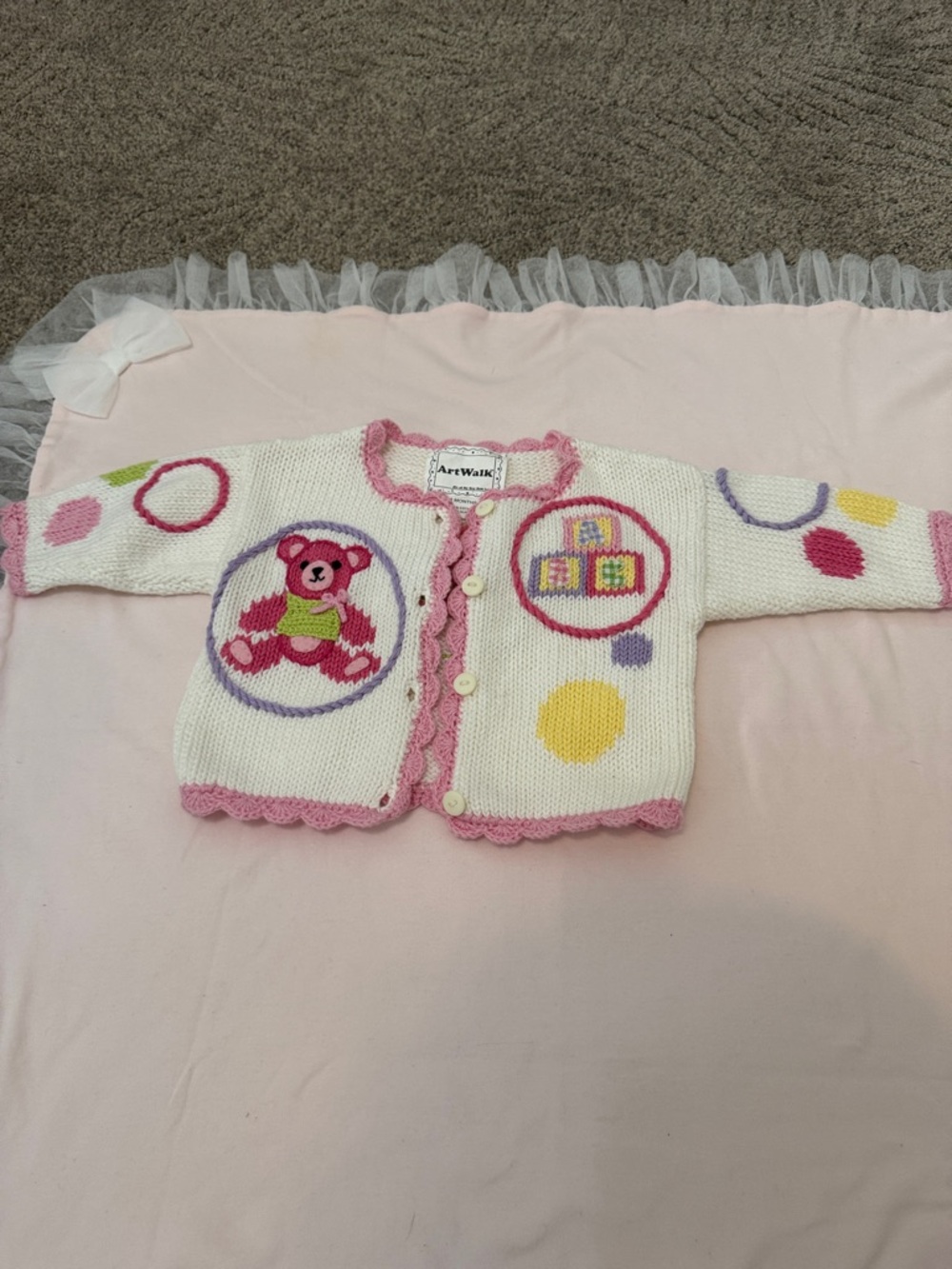Pink & White Knit Baby Cardigan with Teddy Motif
